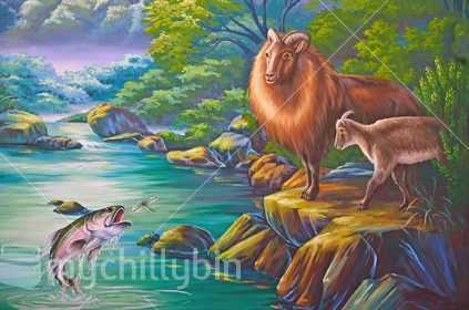 Painting of New Zealand's West Coast, featuring  tahr and rainbow trout
