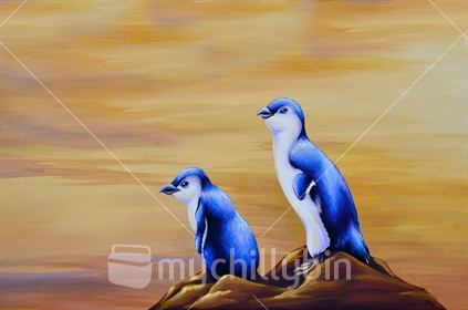 Painted blue penguins, at the beach