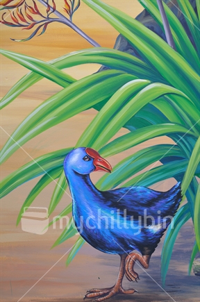 Painting of a New Zealand Takahe under a flax bush
