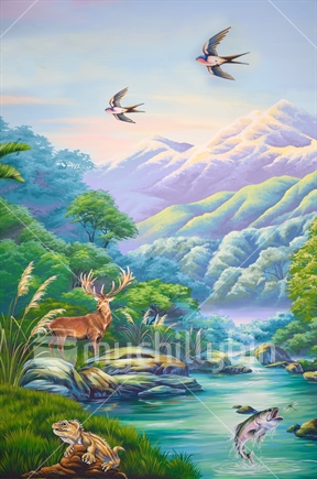 Mural of New Zealand forest with red stag, trout, tuatara and swifts
