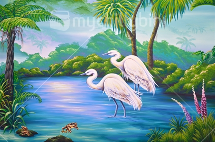 Painted white herons in outdoor setting