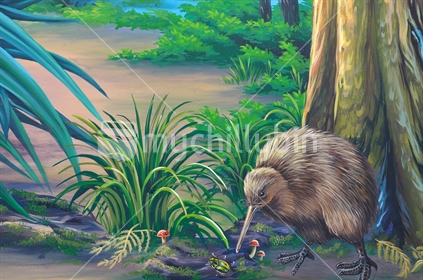 Painted New Zealand kiwi in forest setting