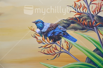 Painting of a New Zealand Tui bird on a flax bush