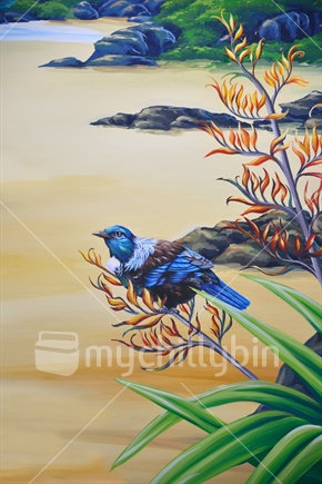Painting of a New Zealand Tui on a flax bush