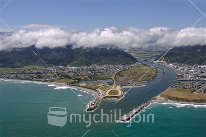 Aerial of Greymouth and the mouth of the Grey River, West Coast