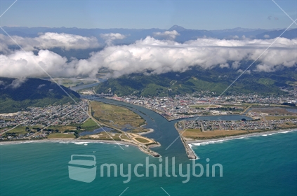 Aerial of Greymouth and the mouth of the Grey River, West Coast