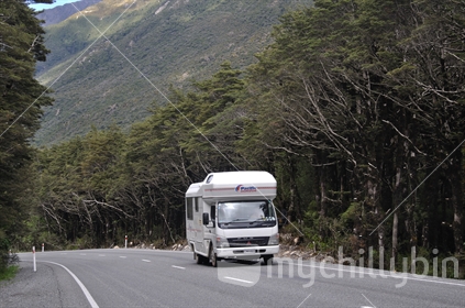 Motorhome on the Arthurs Pass road, West Coast, South Island, New Zealand.