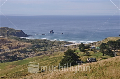 View of the coast and sea, across farms on Otago Peninsula near Dunedin, South Island