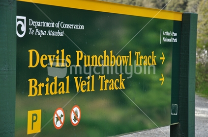 Signage to Devils Punchbowl waterfall, and the Bridal Veil waterfall at Arthur's Pass National Park