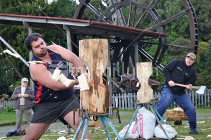 Champion axeman, Adam Lowe from Hokitika, competing at Shantytown, Westland, South Island, New Zealand, 150th Westland celebrations, 2010