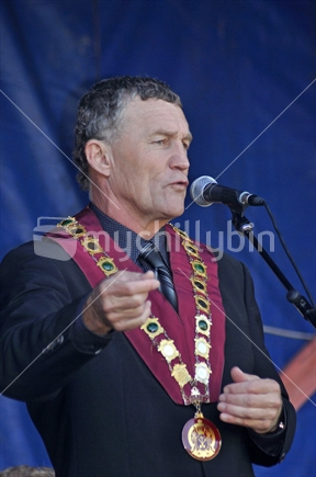 Mayor of Grey District Council, Tony Kokshoorn, speaking during the 150th Westland Anniversary Celebrations at Brunner Industrial Mine site, 2010, West Coast
