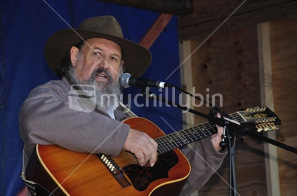 Folk singer Phil Garland performing at 150th Westland Anniversary Celebrations at Brunner Industrial Mine site, 2010, West Coast