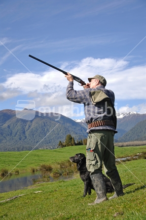 Hunter shooting ducks, West Coast, South Island