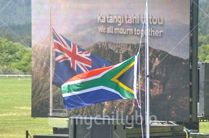 South African flying at half mast at the 2010 Memorial Service for 29 coal miners killed in the Pike River coal mine near Greymouth, West Coast.