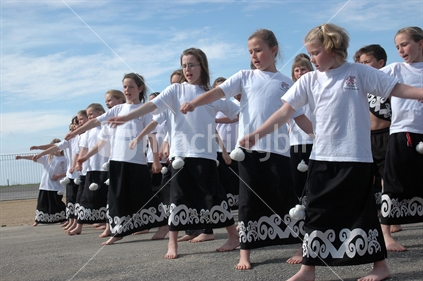 school children perform traditional Maori poi dance, Westport