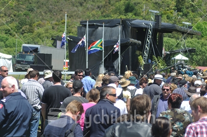Part of the crowd gathered at the 2010 Memorial Service for 29 coal miners killed in the Pike River coal mine near Greymouth, West Coast