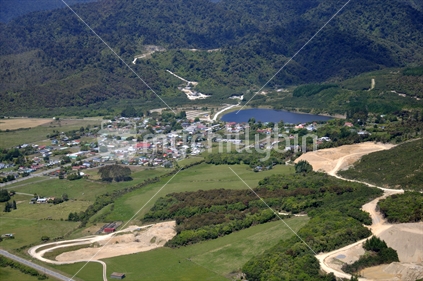 Aerial of historic gold-mining town of Ross, West Coast, South Island