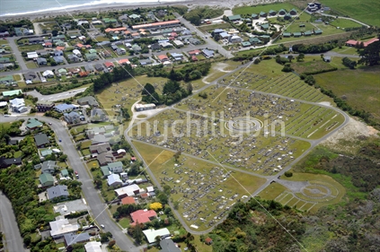 Aerial of Hokitika residential area and cemetery, West Coast, South Island