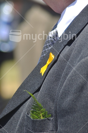 A silver fern and a yellow ribbon of hope worn at the 2010 Memorial Service for 29 coal miners killed in the Pike River coal mine near Greymouth, West Coast.