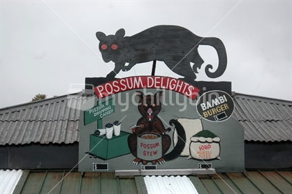 Signage for possum pies, Papakura, West Coast, South Island