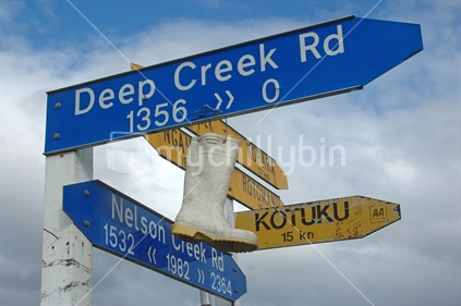 Gumboot hanging from road sign, West Coast, South Island