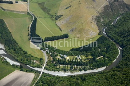 Aerial of a bend of the Ashley River in Canterbury, South Island, New Zealand