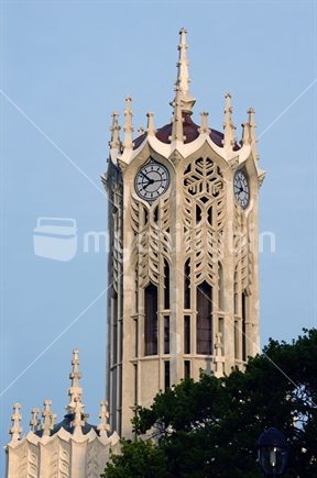 The iconic clock tower at the University of Auckland, Northland, New Zealand
