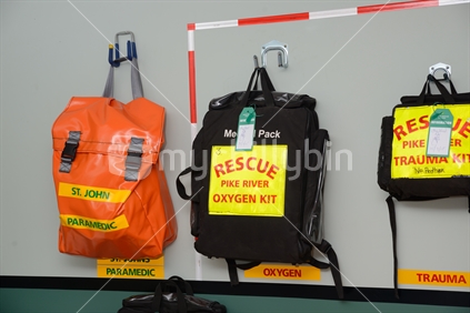 First aid and trauma kits packed and ready to go at a working coal mine near Greymouth, New Zealand