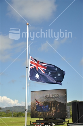 Flag flying at half mast in honour of the 29 miners remembered at the Pike River Memorial service in Greymouth, December 2010