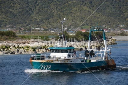 The Galatea II sails up the Grey River on New Zealand's West Coast. The Galatea II is a small steel hull stern trawler with a gross weight of 156 ton.