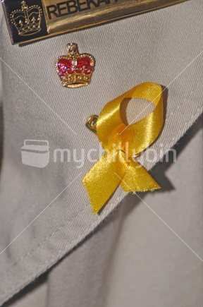 Yellow ribbon of hope worn by a government official at the Pike River Memorial service in Greymouth, December 2010