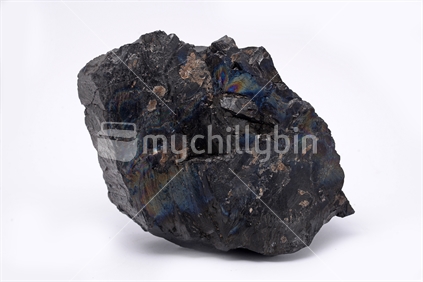 A piece of anthracite from a New Zealand mine, known to the miners as rainbow coal or peacock coal. Anthracite is the purest form of coal and it appears in about 1% of coal deposits around the world.