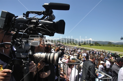 Television camera recording the Pike River Memorial service in Greymouth, December 2010.