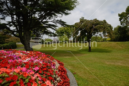 Spring growth brightens Dixon Park in Greymouth for visitors to the rotunda (focus).