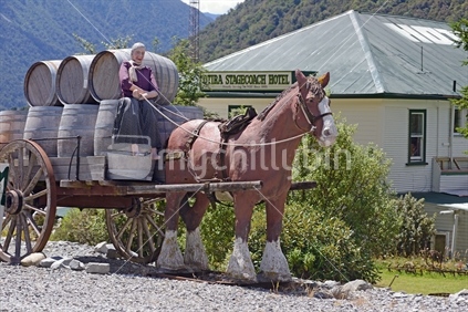A model of a stagecoach advertises the Otira hotel, West Coast