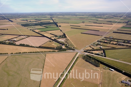 Seven roads intersecting in Canterbury farming area.