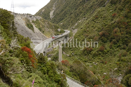 The Otira Viaduct carries traffic safely over a large slip in the Southern Alps near Arthus Pass, Westland, New Zealand