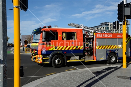 CHRISTCHURCH, NEW ZEALAND, APRIL 23, 2018: A fire tender turns a corner in the CBD.