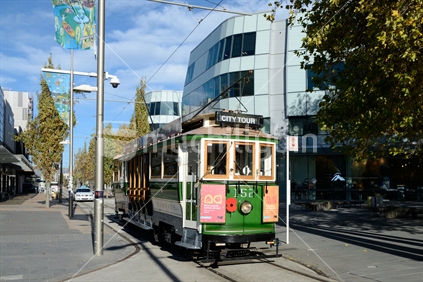 CHRISTCHURCH, NEW ZEALAND, APRIL 20, 2018: The trams are back on track in Christchurch, South Island, New Zealand