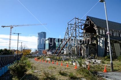 CHRISTCHURCH, NEW ZEALAND, APRIL 20, 2018: The iconic Anglican Cathedral remains a ruin in Christchurch, South Island, New Zealand, since the earthquake of 22-2-2011