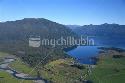 Aerial of Lake Brunner and the settlement of Moana, West Coast, New Zealand