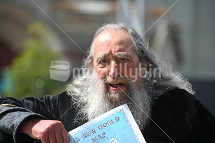 CHRISTCHURCH, NEW ZEALAND, OCTOBER 12, 2019: The wizard of Christchurch speaks in Cathedral Square to a crowd of tourists and spectators.