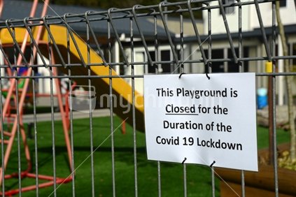 Signage shows that a preschool playground is closed for the Covid 19 lockdown in New Zealand, March 2020