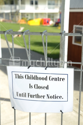 Signage shows that a preschool  is closed for the Covid 19 lockdown in New Zealand, March 2020