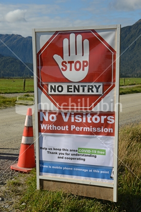 Signage shows that a farm has restricted access during the Covid 19 lockdown in New Zealand, March 2020