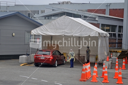 GREYMOUTH, NEW ZEALAND; APRIL 11, 2020: A vehicle visits the Covid 19 testing station at Greymouth Base Hospital during the level 4 lockdown in New Zealand, April 11,  2020