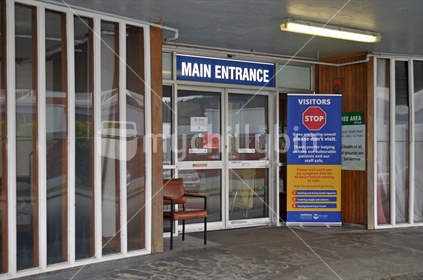 Signage outside the Greymouth hospital during the level 4 lockdown in New Zealand, March, April 2020