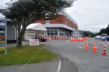 A vehicle visits the Covid 19 testing station at Greymouth hospital during the level 4 lockdown in New Zealand, March 2020