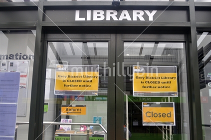 GREYMOUTH, NEW ZEALAND, APRIL 11, 2020: Greymouth public library is closed during the Covid 19 lockdown in New Zealand, April 11,  2020