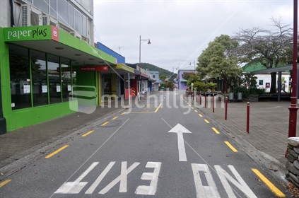 GREYMOUTH, NEW ZEALAND, APRIL 11, 2020: The normally busy Albert Street Mall in Greymouth  is deserted on a Saturday morning during the Covid 19 lockdown in New Zealand, March, April 2020